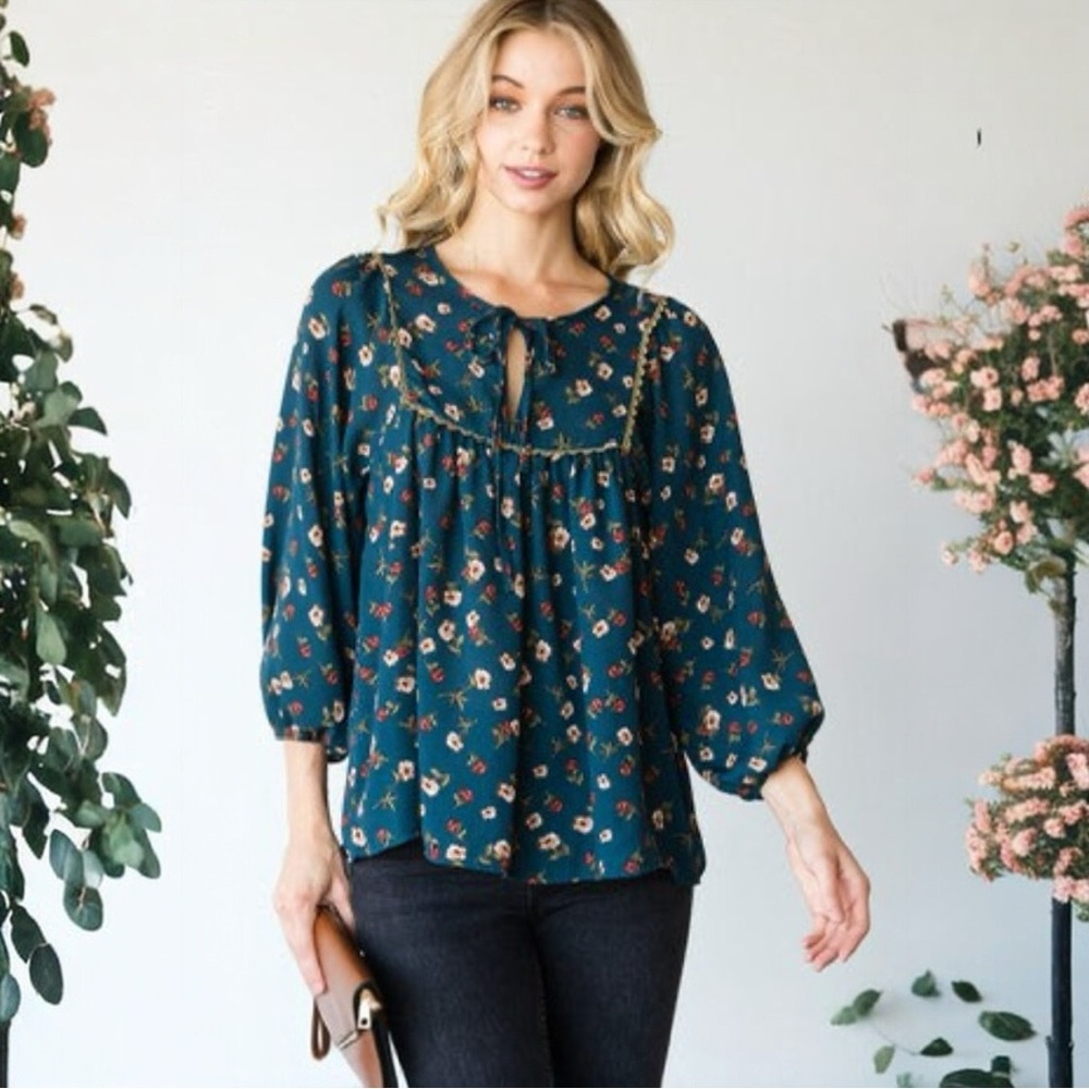 Teal Floral Boho Blouse with Balloon Sleeves XL